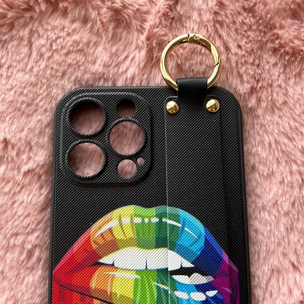 For iPhone 13 pro max phone case with wrist strap kickstand keychain lgbt pride
